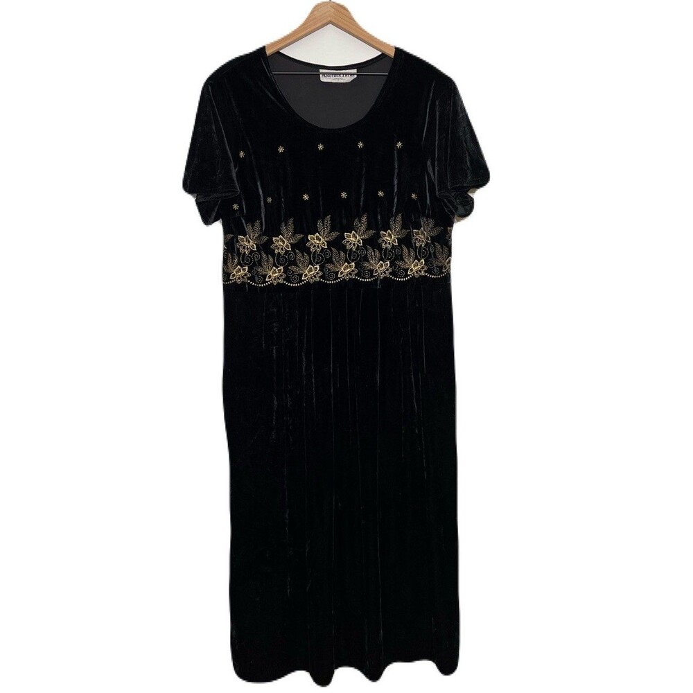 vtg 80s Black Velvet Midi Dress Sz L Gold Metallic Embroidery Whimsigoth Cottage
